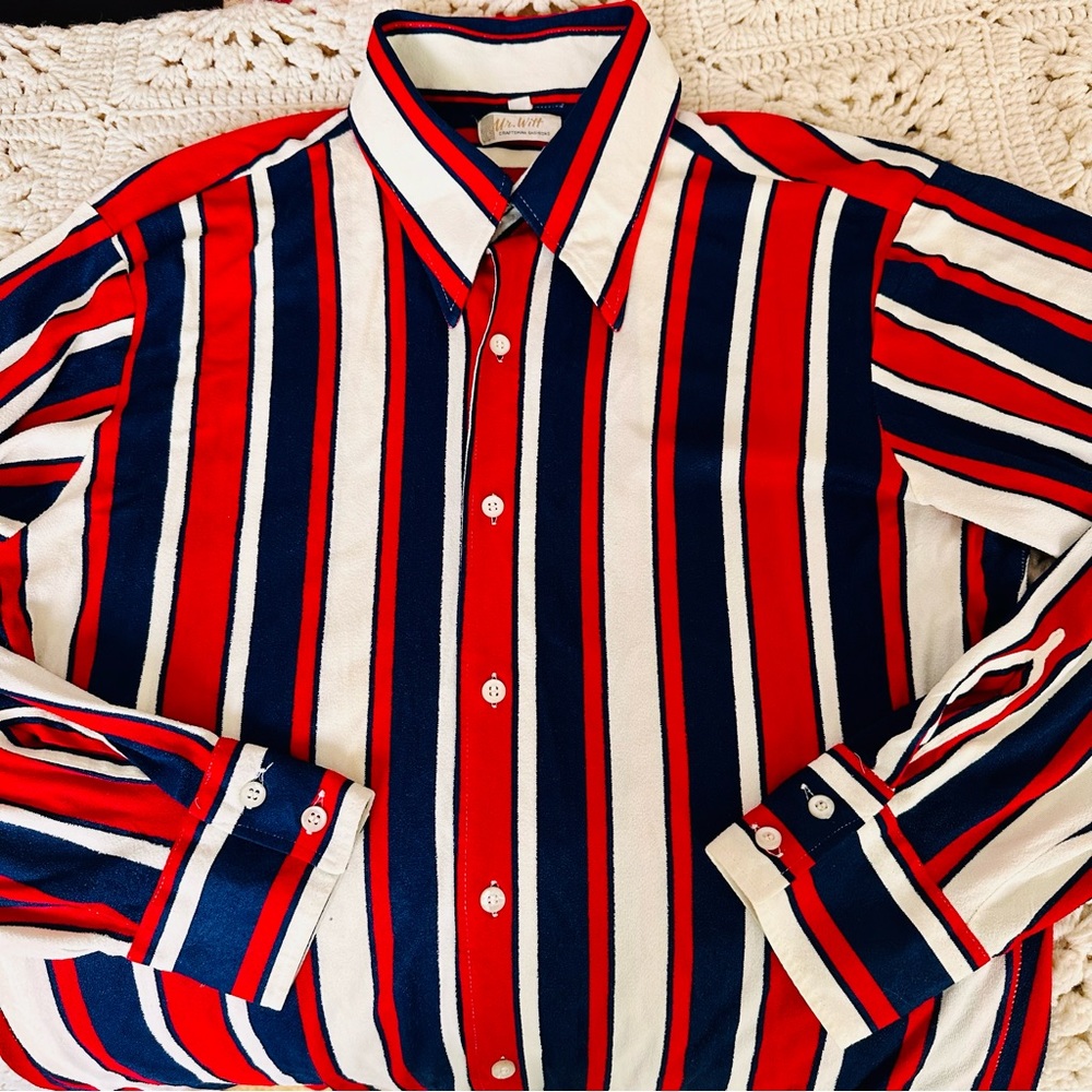 Vintage 70s Mr. Witt Craftsman Red White Blue Vertical Stripe Button Up Large